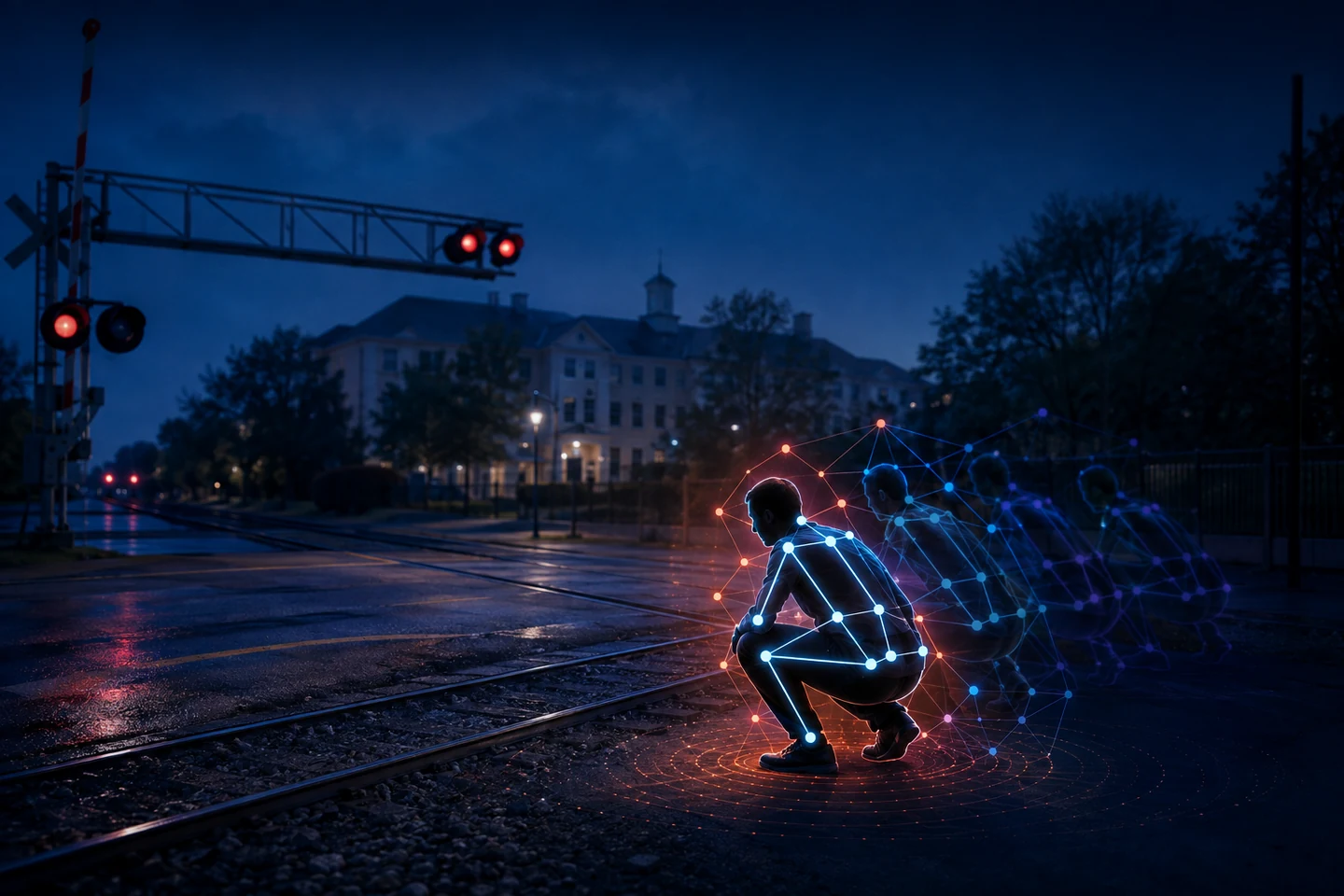 Concept illustration of spatial-temporal pedestrian motion analysis at a railroad grade crossing